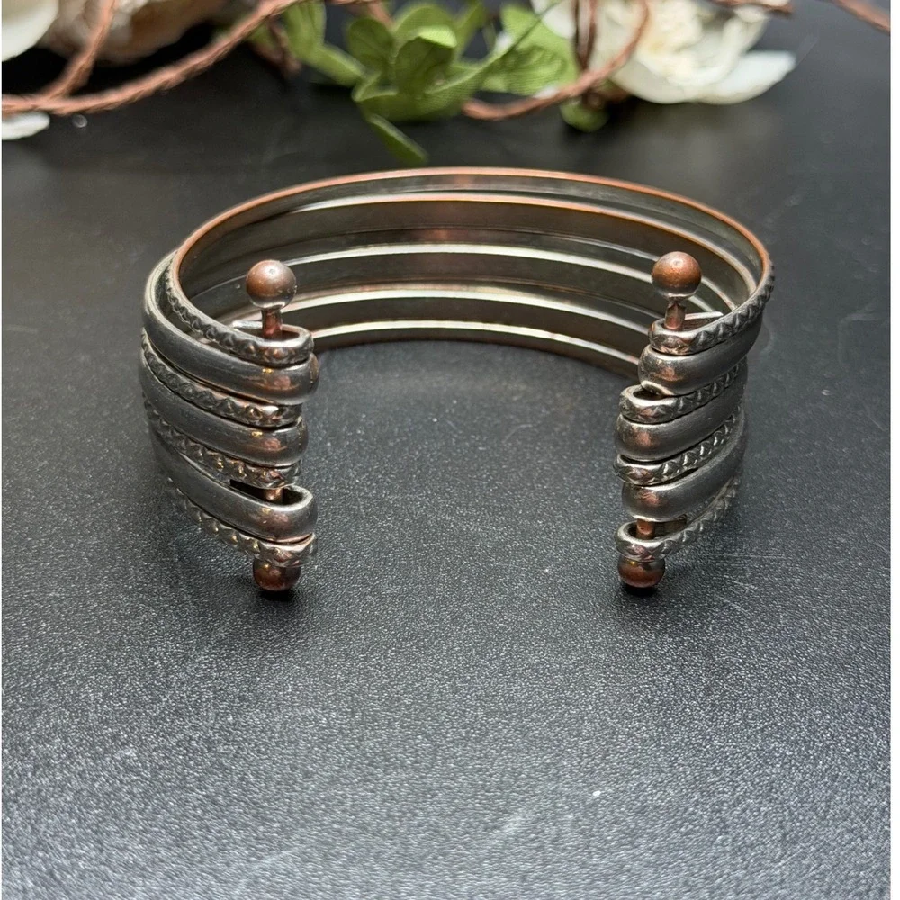 Silver Tone Multi Band Cuff Bracelet Stacked Look Boho Industrial Adjustable